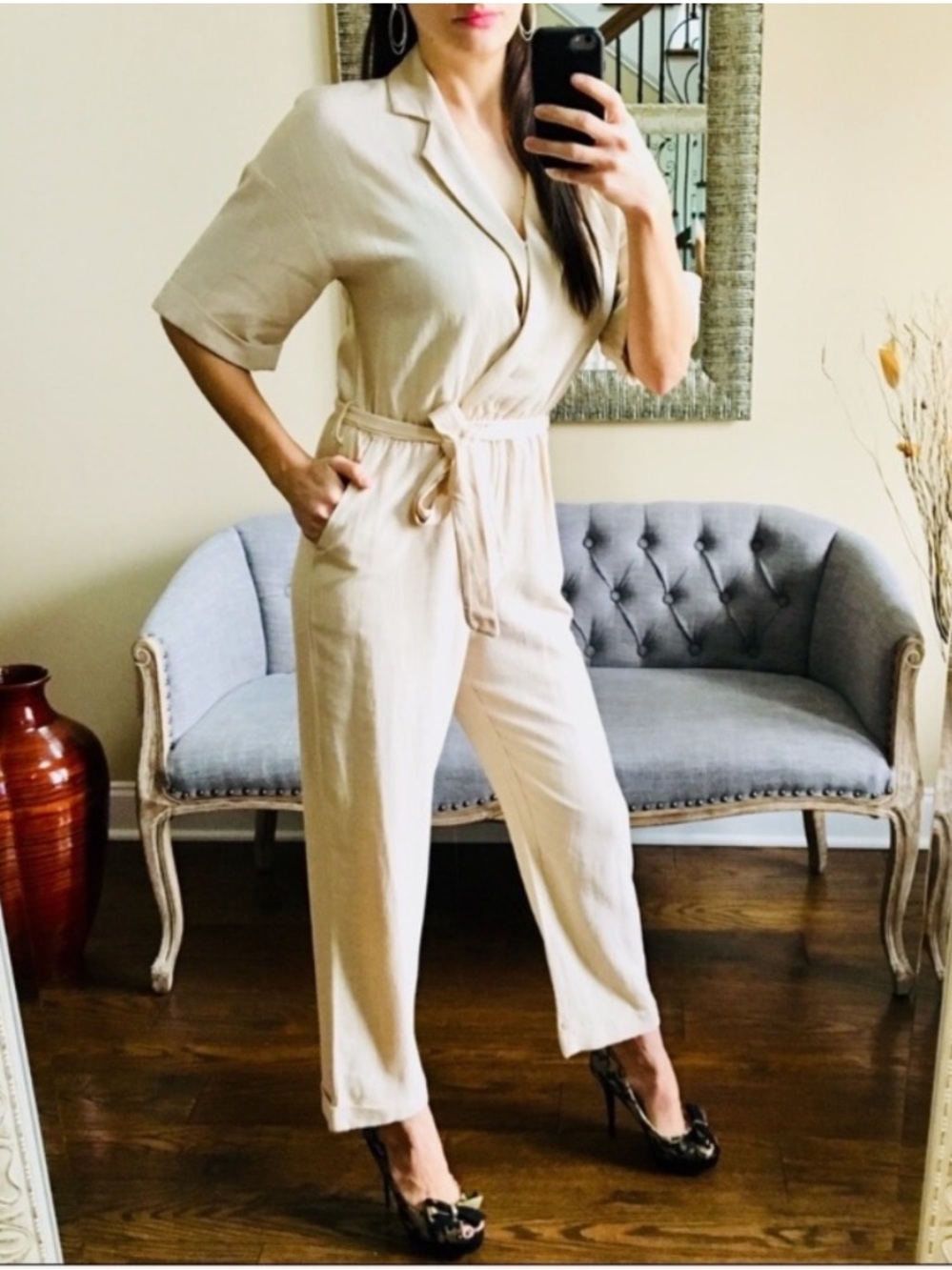 Blue Blush Beige Wrap Jumpsuit Size S Tie Waist Pockets Short Sleeve